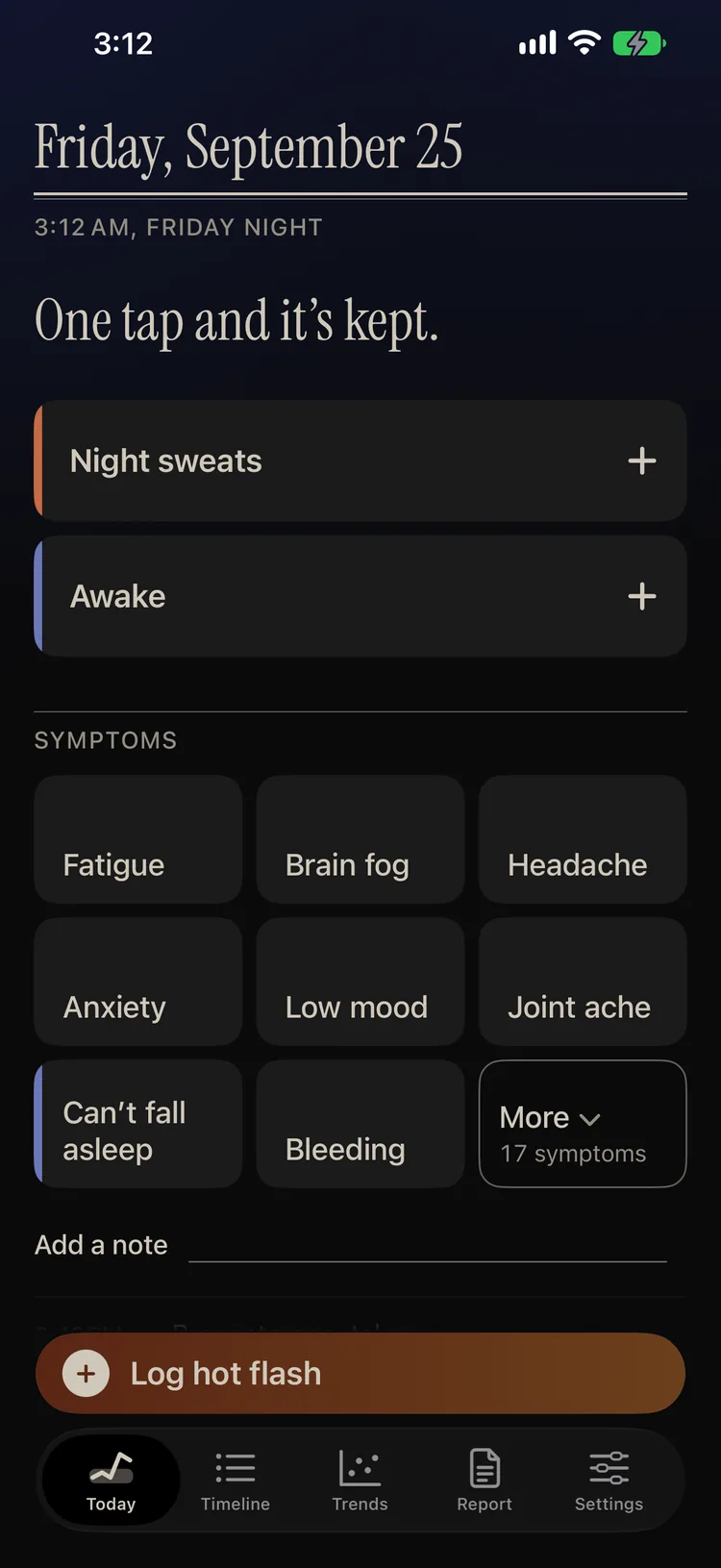 Celsia at 3:12 a.m. on a Friday night, in its dark view: One tap and it's kept, with Night sweats and Awake at the top and a grid of symptoms below