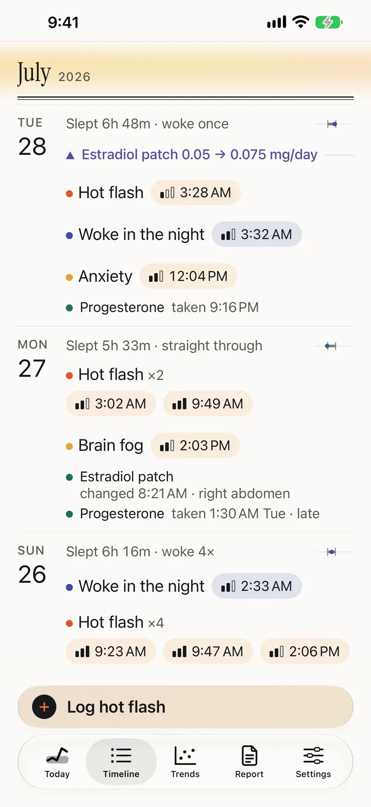 Celsia's Timeline for late July 2026: on Tuesday the 28th the estradiol patch went from 0.05 to 0.075 mg a day, with each night's sleep, hot flashes, wake-ups, a patch change and progesterone doses logged by time